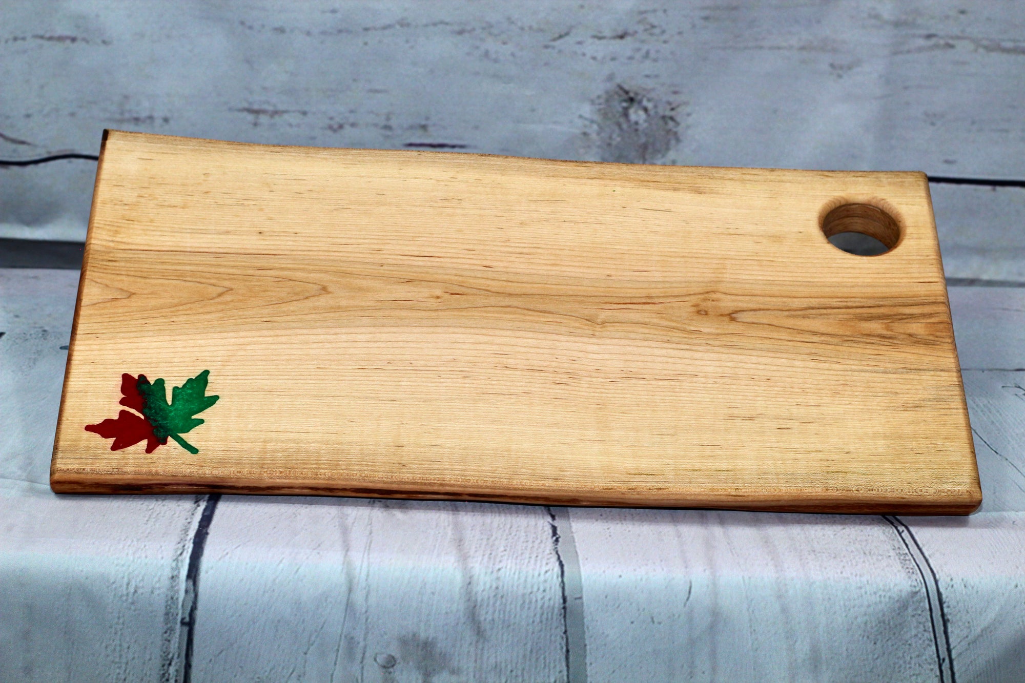Charcuterie board (live edge maple with red and green epoxy leaf) Sold Out